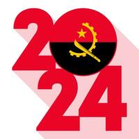 Lycklig ny år 2024, lång skugga baner med angola flagga inuti. vektor illustration.