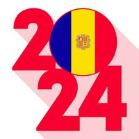 glücklich Neu Jahr 2024, lange Schatten Banner mit Andorra Flagge innen. Vektor Illustration.