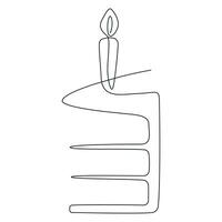 kontinuerlig ett linje teckning av födelsedag kaka med ljus. enkel linje konst bit av kaka. linjär kontur av en bakverk. redigerbar stroke. hand dragen vektor illustration
