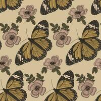 Jahrgang botanisch nahtlos Muster mit Schmetterling. Vektor Hand gezeichnet Blumen und Schmetterling im Nostalgie Stil. alt retro Muster Design zum Dekoration, Verpackung, Textil-