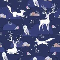 nahtlos Vektor Muster mit süß Wald Tiere, Weiß Reh, Fuchs und Eule. Winter Atmosphäre. skandinavisch Illustration. perfekt zum Textil, Hintergrund oder drucken Design. Blau Hintergrund