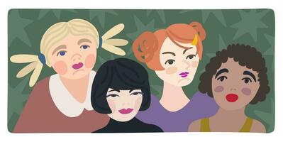 flickor kraft. fyra ung kvinnor med annorlunda utseende. vektor illustration