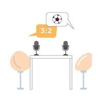 Fußball Kommentar Studio Aufzeichnung Zimmer 2d Karikatur Objekt. Podcast Mikrofone Tabelle mit komfortabel Stühle isoliert Vektor Artikel Weiß Hintergrund. Fußball Rede Luftblasen Farbe eben Stelle Illustration