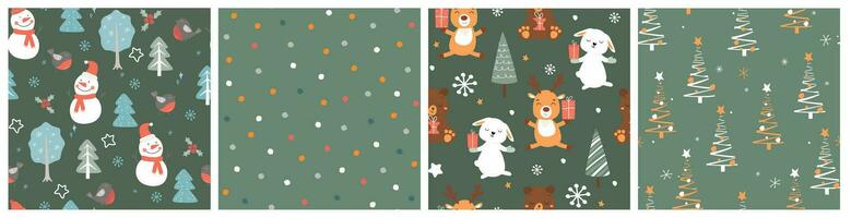 uppsättning av sömlös mönster med vinter- skog, söt djur, snögubbar, festlig abstrakt jul träd. vektor grafik.
