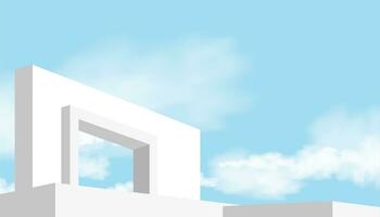 Weiß Mauer Beton mit öffnen Fenster gegen Blau Himmel und Wolken, außen Dach Weiß Zement Gebäude, Ameise Aussicht minimal modern die Architektur. mit Sommer- Himmel Hintergrund Hintergrund zum Frühling, Sommer- vektor