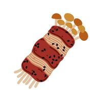 Enoki eingewickelt im Speck Vektor Symbol. lecker asiatisch Pilze mit Schweinefleisch, Grill Soße, Sesam. japanisch oder Koreanisch schnell Straße Lebensmittel. Hand gezeichnet Illustration isoliert auf Weiß. eben Clip Art zum Speisekarte, Lieferung