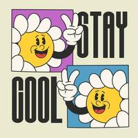 daisy blomma häftig karaktär 90s design illustration med slogan, retro tecknad serie karaktär vektor