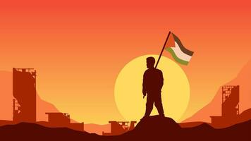Palästina Landschaft Vektor Illustration. Silhouette von Mann halten Palästina Flagge im das zerstört Stadt. Landschaft Illustration von Krieg zum Sozial Themen, Nachricht, Unterstützung oder Konflikt