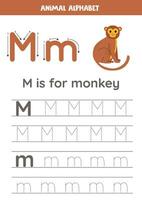 spårande alfabet brev för ungar. djur- alfabet. m är för apa. vektor