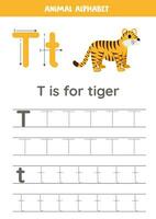 Rückverfolgung Alphabet Briefe zum Kinder. Tier Alphabet. t ist zum Tiger. vektor