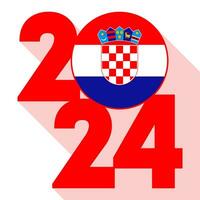 glücklich Neu Jahr 2024, lange Schatten Banner mit Kroatien Flagge innen. Vektor Illustration.