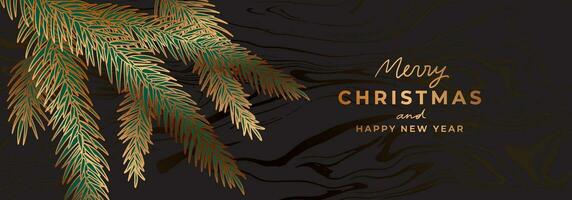 Luxus golden Weihnachten Banner Vorlage. Gold Weihnachten Baum, Kiefer Geäst. schick Neu Jahr schwarz Hintergrund mit Marmor Textur vektor