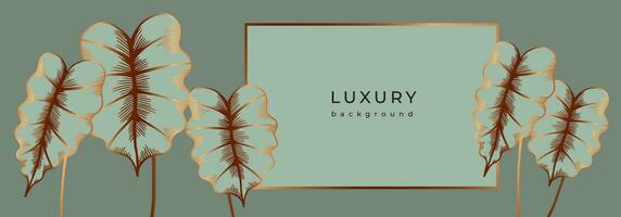 Luxus golden Blumen- Banner mit Alokasie. retro tropisch Blätter auf Grün grau Hintergrund vektor