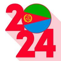 glücklich Neu Jahr 2024, lange Schatten Banner mit eritrea Flagge innen. Vektor Illustration.