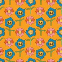 häftig blommor sömlös mönster. retro 70s leende ansikte blommor grafisk element isolerat. hippie, fred, blomma kraft enkel linjär stil häftig dekorativ vektor illustration. retro årgång blommor.