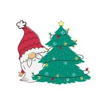 söt gnome utseende ut från Bakom en stor jul träd med en krans. vektor illustration av tecknad serie dvärg- karaktär