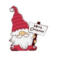 söt gnome innehav en tecken med de inskrift glad jul. vektor illustration av tecknad serie dvärg- karaktär