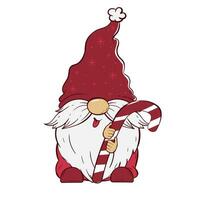 söt gnome innehav en jul randig godis sockerrör. vektor illustration av tecknad serie dvärg- karaktär