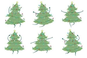 ClipArt uppsättning söt klotter jul träd dans. barns handgjort naiv stil. enkel ny år karaktär isolerat på vit bakgrund. Lycklig gran begrepp vektor