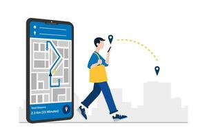 gesichtslos Mann Gehen auf das Straße mit modern Technologie Geographisches Positionierungs System Navigation oder Digital Karten auf Smartphone. eben Vektor Illustration.