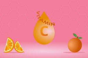 fallen Wasser Vitamin c Orange mit ein Orange Obst und Orange Scheibe auf Rosa Hintergrund mit Bienenwabe Muster. Vektor Illustration.