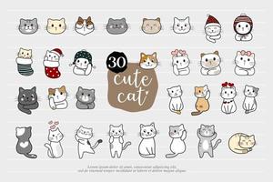 tecknad katt med känslor och olika poser. 30 kroppsspråk vektor