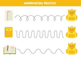 Tracing-Linien mit Cartoon-Blatt, Notizbuch, Buch und Rucksack. vektor