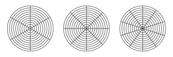 Rad von Leben Vorlage. einfach Coaching Werkzeug zum visualisieren alle Bereiche von Leben. Kreis Diagramm von Leben Stil Gleichgewicht. Polar- Gitter mit Segmente, konzentrisch Kreise. leer von Polar- Graph Papier. Vektor. vektor