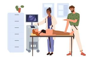 Zukunft Eltern sind beim das Ultraschall Scannen von ein Baby. Frau und Mann suchen beim Ultraschall Scan. Ultraschall Maschine. Schwangerschaft Scan. eben Vektor Illustration.