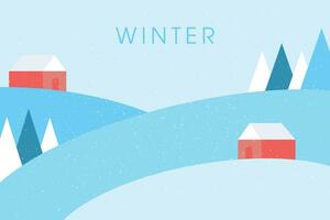 abstrakt minimal vinter- landskap, omslag, vykort med gran träd och hus i de snö. vektor