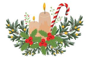 jul dekoration med ljus och godis, tall blad, mistel. vektor
