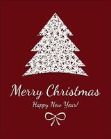 glad jul och ny år uppsättning av hälsning kort, affischer, Semester täcker. jul design med skön träd i modern linje konst stil på röd bakgrund. vit jul träd vektor
