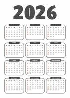 2026 grundläggande kalender i vit bakgrund vektor