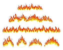 tecknad serie flamma. kraft eldig silhuetter isolerat vektor illustration uppsättning. bål och eldig gränser dekorativ element. isolerat ljus röd och orange bläs, varning tecken av brandfarlig objekt.