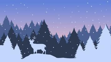 Winter Landschaft Vektor Illustration. Winter Silhouette mit Rentier und Kiefer Wald im das Schnee hügel. Silhouette von kalt Jahreszeit zum Hintergrund, Hintergrund oder Landung Seite
