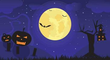 lila hallowen bakgrund med kyrkogård, full måne, träd, hus och spöke pumpor vektor