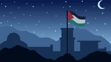 palestina landskap vektor illustration. silhuett av al Aqsa moské på natt med palestina flagga. landskap illustration av palestina för bakgrund eller tapet