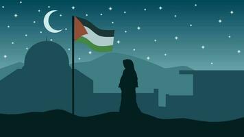 Palästina Landschaft Vektor Illustration. Silhouette von al aqsa Moschee beim Nacht mit Frau Muslim gehen. Landschaft Illustration von Palästina zum Hintergrund oder Hintergrund