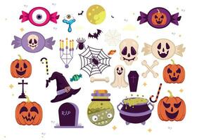 glücklich Halloween einstellen von Elemente Hut, Geist, Schläger, Süssigkeit, komisch Kürbisse, Hexe Kessel, Spinne. perfekt zum Scrapbooking, Gruß Karte, Party Einladung, Poster, Schild, Aufkleber. Hand gezeichnet Vektoren