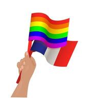 hand innehav Frankrike HBTQ flagga. franska symbol av tolerant. Gay tecken regnbåge. vektor illustration isolerat på vit bakgrund