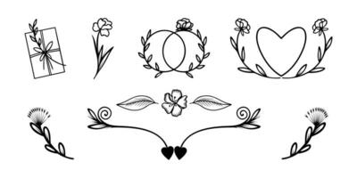 einstellen von Hochzeit Blumen- Elemente im minimalistisch Stil. Design zum Einladung Karte, Valentinstag. romantisch Vektor Illustration.