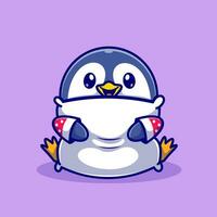 süß Baby Pinguin Umarmung Kissen Karikatur Vektor Symbol Illustration. Tier Natur Symbol Konzept isoliert Prämie Vektor. eben Karikatur Stil