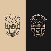 Bauernhoffeld mit Logo-Designvorlage im Stil von Haus und Berg vektor