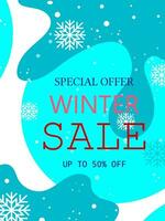 Winter Verkauf Beförderung Banner oder Poster Marketing mit abstrakt Design Wasser Tröpfchen auf Schneeflocken Hintergrund. vektor