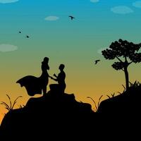 Vektor Illustration von Silhouette von ein Paar auf ein Hügel beim Dämmerung
