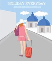 flicka med bagage promenad på vägen. resa flygblad mall gratis vektor.eps vektor