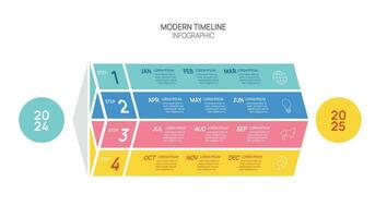 Geschäft Schritt Zeitleiste Infografik Pfeil Vorlage. modern Meilenstein Element Zeitleiste Diagramm Kalender und 4 Quartal Themen, Vektor Infografiken.