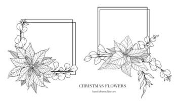 Weihnachtsstern Linie Kunst. Weihnachten Blumen- Frames und Blumensträuße Linie Kunst. fein Linie Weihnachten Rahmen Hand gezeichnet Illustration. Hand gezeichnet Gliederung Weihnachtsstern. Weihnachtsfärbung Buchseite. Weihnachtsstern isoliert vektor