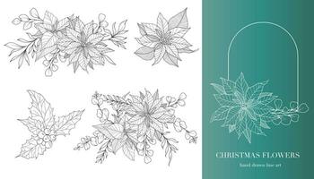 Weihnachtsstern Linie Kunst. Weihnachten Blumen- Frames und Blumensträuße Linie Kunst. fein Linie Weihnachten Rahmen Hand gezeichnet Illustration. Hand gezeichnet Gliederung Weihnachtsstern. Weihnachtsfärbung Buchseite. Weihnachtsstern isoliert vektor