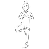 kontinuierlich einer Linie Zeichnung Kinder tun Übung. wenig Mädchen Stehen im Yoga Pose. linear Fitness Aktivität. editierbar Schlaganfall. Vektor